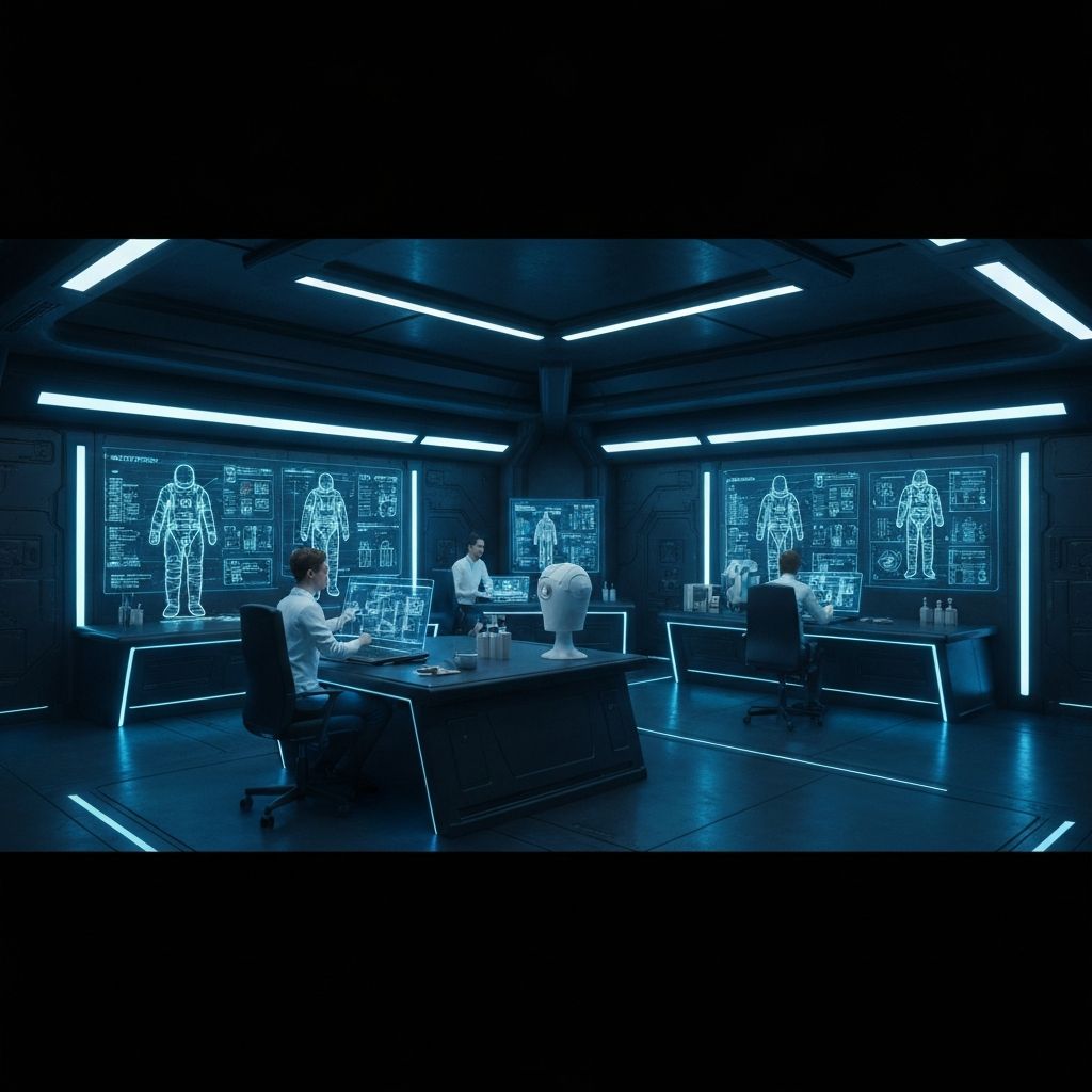 Symbiotic Suit R&D laboratory with scientists and holographic displays