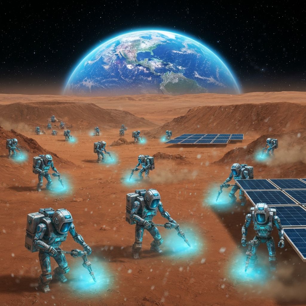 Optimus robot swarm working on lunar surface