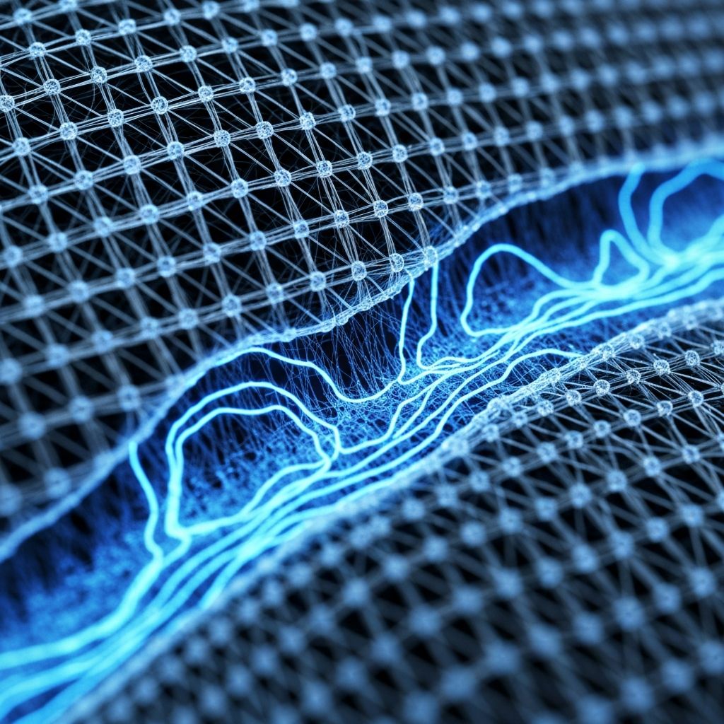 Close-up of adaptive smart fabric with bioluminescent nano-fiber patterns