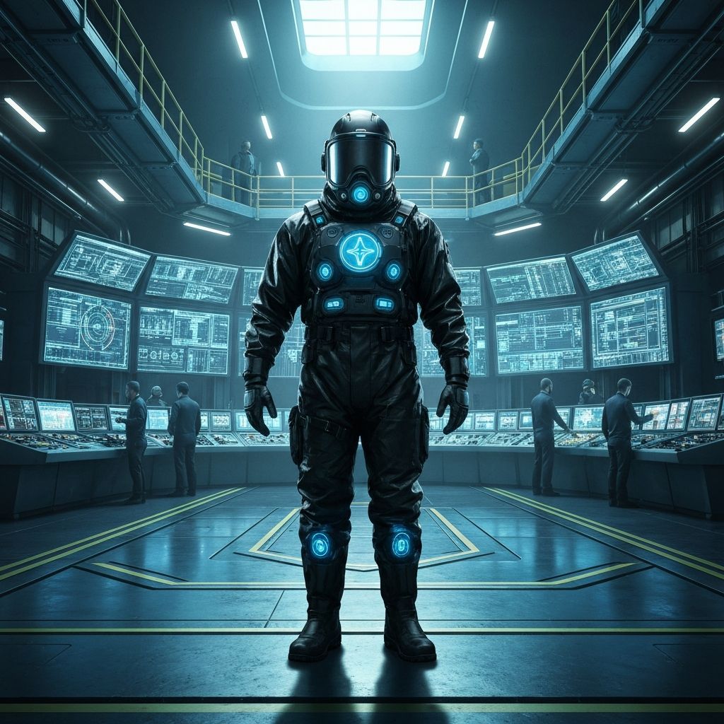 Worker in Symbiotic Suit at nuclear facility with hazard indicators